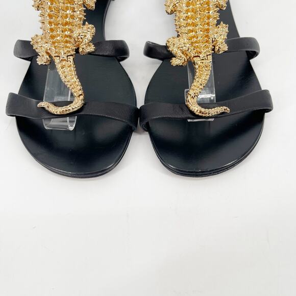 Giuseppe Zanotti Black Leather Gold Crocodile Embellished Flat Sandals IT 37.5 - Picture 8 of 13